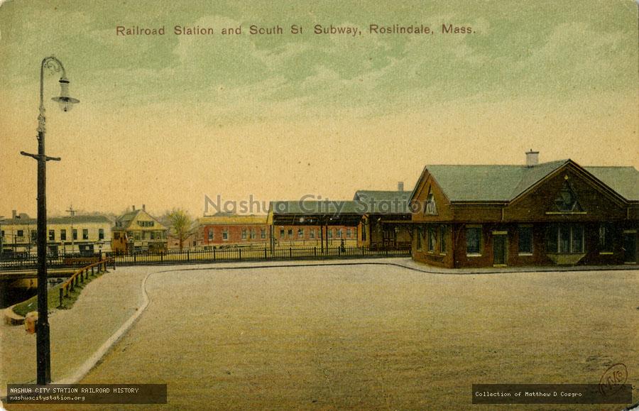 Postcard: Railroad Station and South Street Subway, Roslindale, Massachusetts